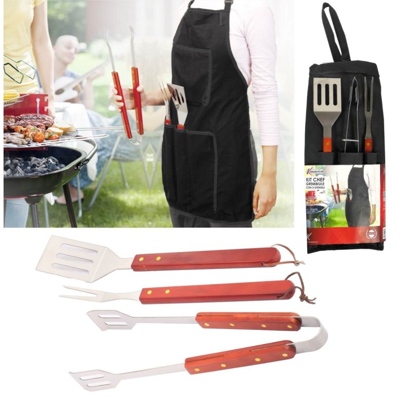 KIT CHEF BBQ GREMBIULE + UTENSILI CM.43,5